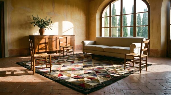 Antique american hooked geometric square loop pile rug 10 Antique american hooked geometric square loop pile rug (sku 20466) - room view