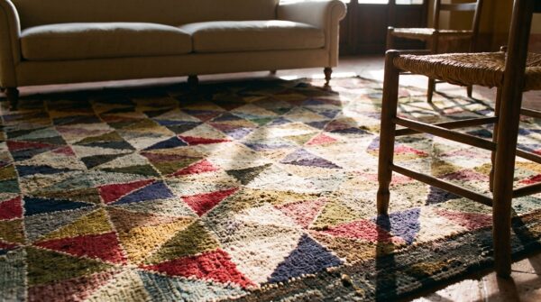 Antique american hooked geometric square loop pile rug 11 Antique american hooked geometric square loop pile rug (sku 20466) - in-room detail