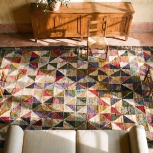 Antique American Hooked Geometric Square Loop Pile Rug (SKU 20466) - styled overhead view