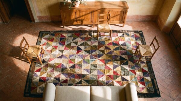 Antique american hooked geometric square loop pile rug 2 Antique american hooked geometric square loop pile rug (sku 20466) - styled overhead view