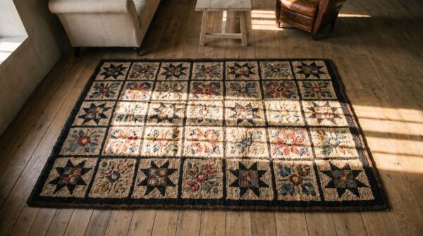 Antique american hooked rug hallway runner wool 2 Antique american hooked rug hallway runner wool (sku 17940) - styled overhead view