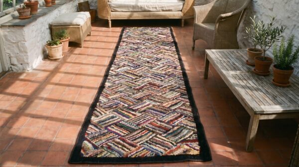Antique american hooked hallway runner rug (sku 18666) - styled overhead view
