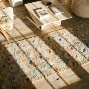 Antique American Hooked Hallway Runner Rug - 1930s Wool Beige Multicolor (SKU 25138) - styled overhead view