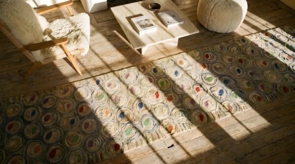 Antique american hooked hallway runner rug - 1930s wool beige multicolor 2 Antique american hooked hallway runner rug - 1930s wool beige multicolor (sku 25138) - styled overhead view