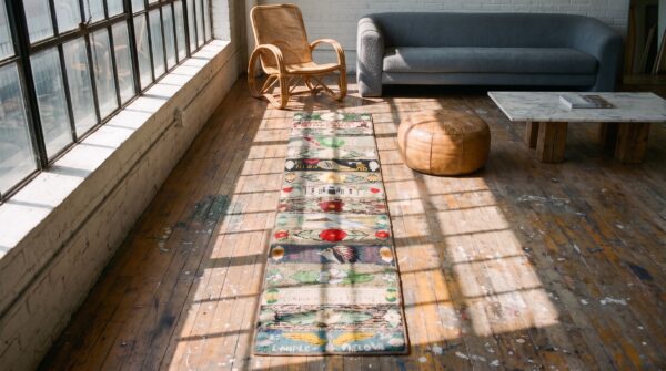 Antique american hooked wool hallway runner rug 2 Antique american hooked wool hallway runner rug (sku 20536) - styled overhead view