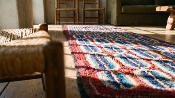 Antique american hooked rug hallway runner wool & cotton coral 8 Antique american hooked rug hallway runner wool & cotton coral (sku 21524) - in-room detail