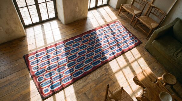 Antique american hooked rug hallway runner wool & cotton coral 2 Antique american hooked rug hallway runner wool & cotton coral (sku 21524) - styled overhead view