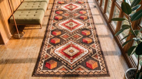 Antique american hooked rug hallway runner wool & cotton green 2 Antique american hooked rug hallway runner wool & cotton green (sku 20848) - styled overhead view