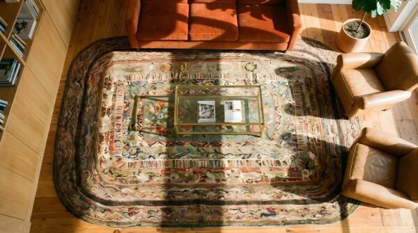 Antique american hooked hallway runner wool & cotton multicolor rug (sku 25633) - styled overhead view