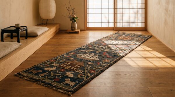 Antique american hooked rug hallway runner wool black 6 Antique american hooked rug hallway runner wool black (sku 18660) - room view