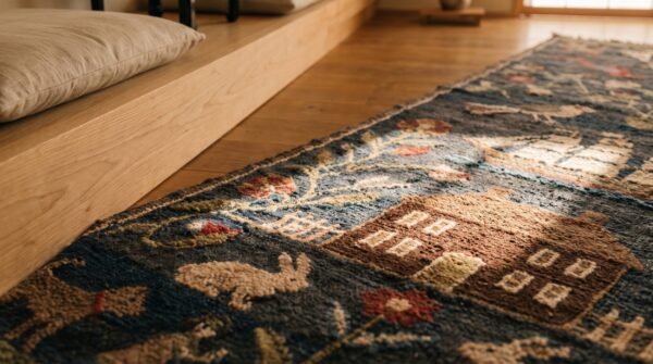 Antique american hooked rug hallway runner wool black 7 Antique american hooked rug hallway runner wool black (sku 18660) - in-room detail