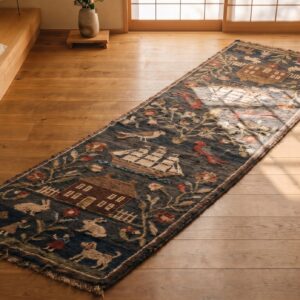 Antique American Hooked Rug Hallway Runner Wool Black (SKU 18660) - styled overhead view