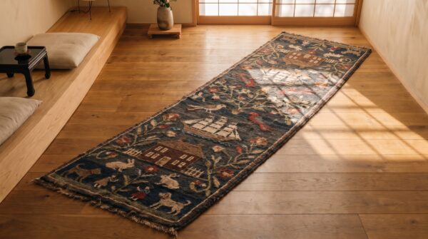 Antique american hooked rug hallway runner wool black 2 Antique american hooked rug hallway runner wool black (sku 18660) - styled overhead view