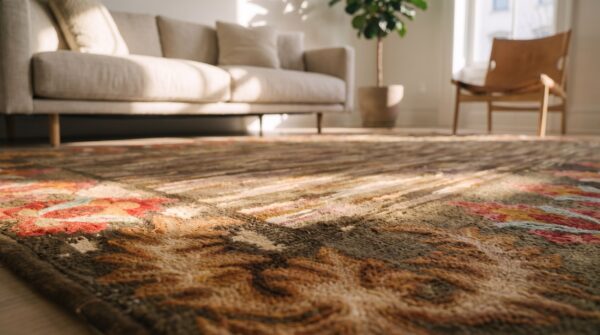 Antique american hooked hallway runner earthy color rug 9 Antique american hooked hallway runner earthy color rug (sku 20763) - in-room detail