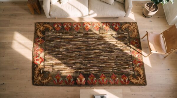 Antique american hooked hallway runner earthy color rug 2 Antique american hooked hallway runner earthy color rug (sku 20763) - styled overhead view