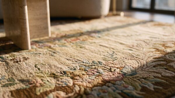Antique american hooked rug hallway runner wool ivory (sku 17223) - in-room detail