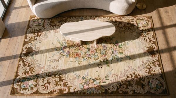 Antique american hooked rug hallway runner wool ivory (sku 17223) - styled overhead view