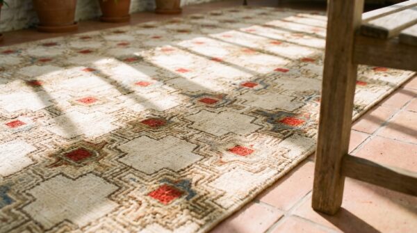 American hooked hallway runner ivory 1900s wool antique rug 10 American hooked hallway runner ivory 1900s wool antique rug (sku 21678) - in-room detail