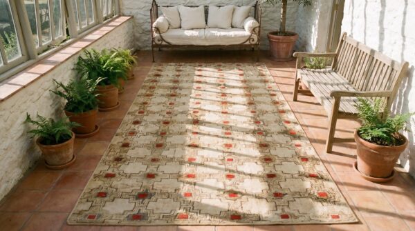 American hooked hallway runner ivory 1900s wool antique rug 2 American hooked hallway runner ivory 1900s wool antique rug (sku 21678) - styled overhead view