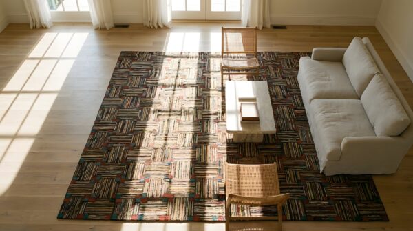 Antique american hooked rug hallway runner wool multi (sku 23793) - styled overhead view