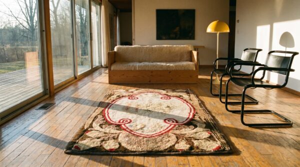 American hooked ivory antique wool 1890s small scatter size rug 5 American hooked ivory antique wool 1890s small scatter size rug (sku 18618) - room view