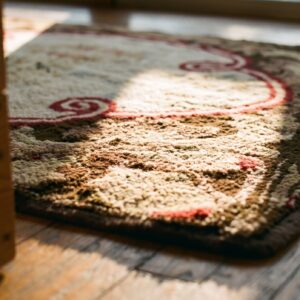 American Hooked Ivory Antique Wool 1890s Small Scatter Size Rug (SKU 18618) - in-room detail