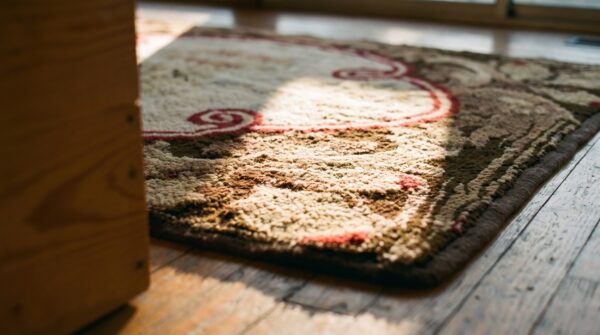American hooked ivory antique wool 1890s small scatter size rug 6 American hooked ivory antique wool 1890s small scatter size rug (sku 18618) - in-room detail