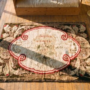 American Hooked Ivory Antique Wool 1890s Small Scatter Size Rug (SKU 18618) - styled overhead view