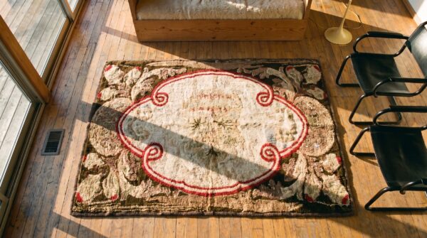 American hooked ivory antique wool 1890s small scatter size rug 2 American hooked ivory antique wool 1890s small scatter size rug (sku 18618) - styled overhead view