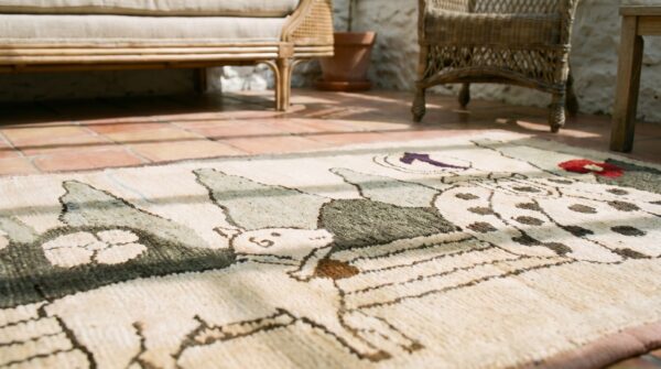 Antique american hooked ivory wool 1920s small scatter size rug 8 Antique american hooked ivory wool 1920s small scatter size rug (sku 19227) - in-room detail