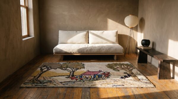 Antique american hooked wool ivory 1920s small scatter size rug 8 Antique american hooked wool ivory 1920s small scatter size rug (sku 19234) - room view