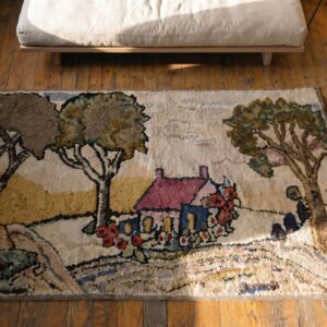 Antique American Hooked Wool Ivory 1920s Small Scatter Size Rug (SKU 19234) - styled overhead view