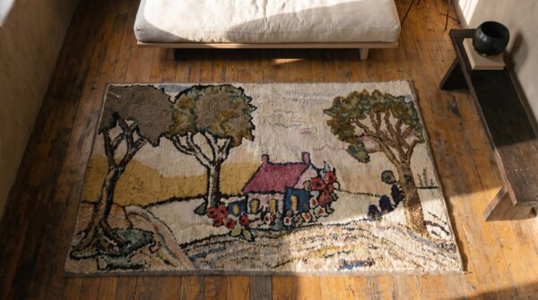 Antique american hooked wool ivory 1920s small scatter size rug 2 Antique american hooked wool ivory 1920s small scatter size rug (sku 19234) - styled overhead view