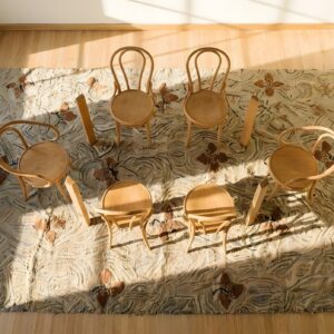 Antique American Hooked Wool Ivory Rug (SKU 25687) - styled overhead view
