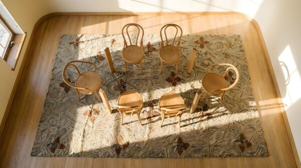 Antique american hooked wool ivory rug 2 Antique american hooked wool ivory rug (sku 25687) - styled overhead view