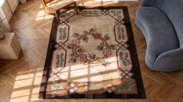 American hooked ivory wool hallway runner antique 1930s rug (sku 19929) - styled overhead view