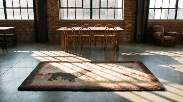 American hooked antique ivory small scatter size 1930s wool rug 9 American hooked antique ivory small scatter size 1930s wool rug (sku 18692) - room view