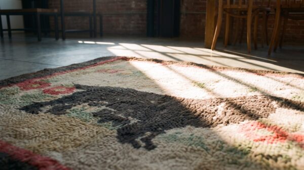 American hooked antique ivory small scatter size 1930s wool rug 10 American hooked antique ivory small scatter size 1930s wool rug (sku 18692) - in-room detail