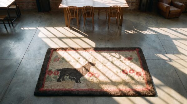 American hooked antique ivory small scatter size 1930s wool rug 2 American hooked antique ivory small scatter size 1930s wool rug (sku 18692) - styled overhead view