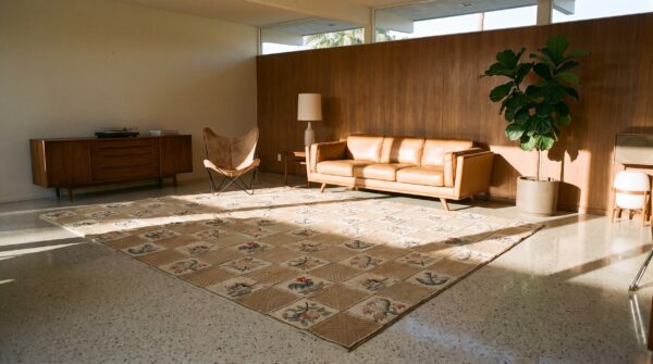 Antique american hooked rug large wool ivory (sku 25110) - room view