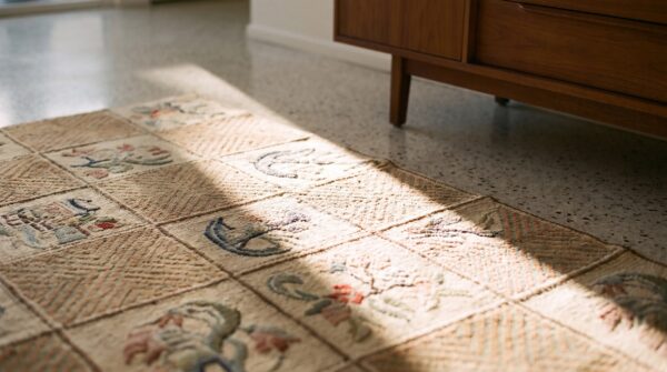 Antique american hooked rug large wool ivory (sku 25110) - in-room detail