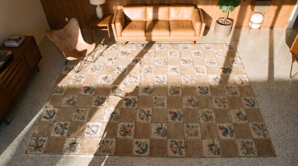 Antique american hooked rug large wool ivory (sku 25110) - styled overhead view
