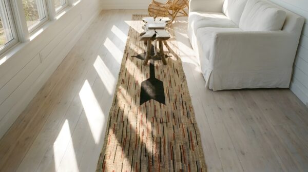 Antique american hooked loop pile hallway runner rug 2 Antique american hooked loop pile hallway runner rug (sku 23576) - styled overhead view