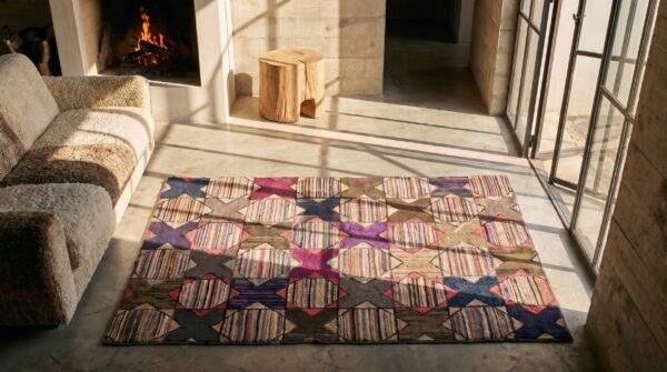 Antique american hooked rug american multicolor 1880s 2 Antique american hooked rug american multicolor 1880s (sku 17530) - styled overhead view