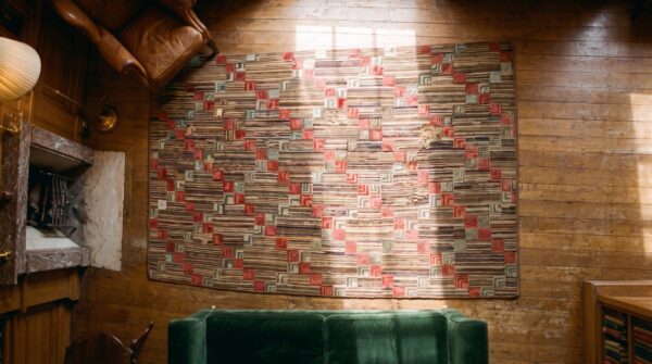 Antique american hooked rug american multicolor 1900s multicolor 2 Antique american hooked rug american multicolor 1900s multicolor (sku 20804) - styled overhead view