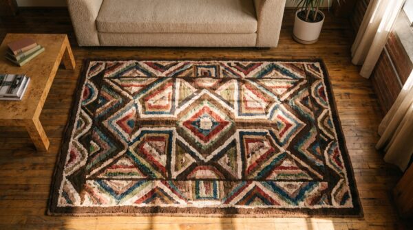 Antique american hooked rug american multicolor 1940s 2 Antique american hooked rug american multicolor 1940s (sku 17584) - styled overhead view