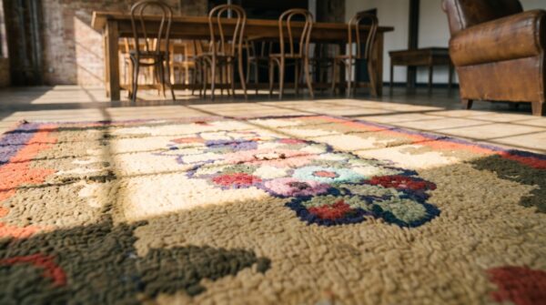 Antique american hooked wool multicolor jewel tones rug 8 Antique american hooked wool multicolor jewel tones rug (sku 17638) - in-room detail