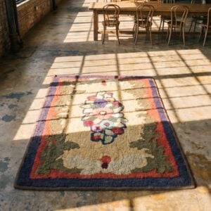 Antique American Hooked Wool Multicolor Jewel Tones Rug (SKU 17638) - styled overhead view