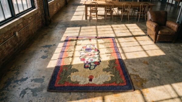 Antique american hooked wool multicolor jewel tones rug 2 Antique american hooked wool multicolor jewel tones rug (sku 17638) - styled overhead view