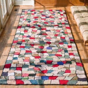 American Hooked Antique Multicolor Jewel Tones 1930s Wool Hallway Runner Rug (SKU 22516) - styled overhead view